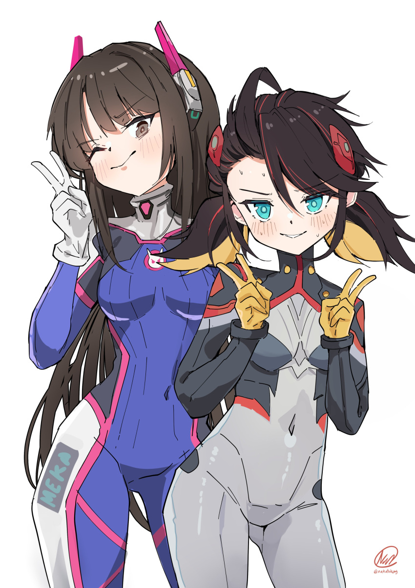 2girls, absurdres, animal_print, black_hair, blue_eyes, bodysuit, breasts, brown_eyes