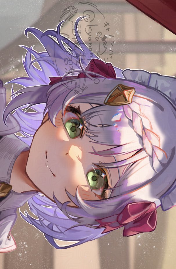 blush, bow, braid, closed_mouth, genshin_impact, glint, green_eyes, grey_hair