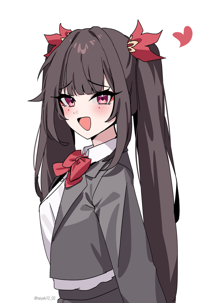 1girl, :d, alternate_costume, bow, bowtie, brown_hair, butterfly-shaped_pupils, collared_shirt
