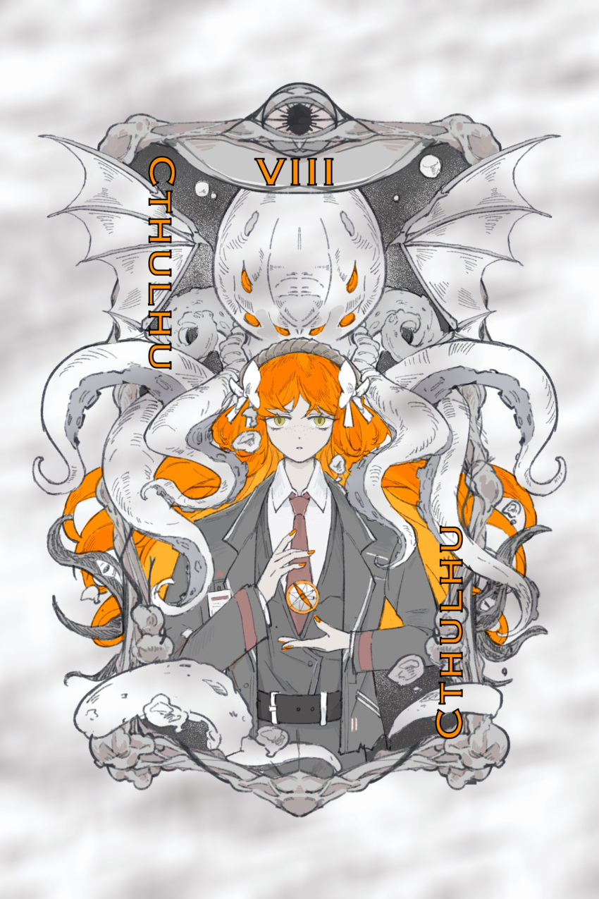 1girl, absurdres, black_coat, black_vest, bow, bubble, coat, collared_shirt, compass, cthulhu, cthulhu_mythos, hair_bow, hairband, highres, ishmael_(project_moon), kalliope_orc, limbus_company, long_hair, looking_at_viewer, necktie, orange_hair, orange_nails, project_moon, red_necktie, rope, shirt, sidelocks, solo, tentacles, very_long_hair, vest, white_bow, white_shirt
