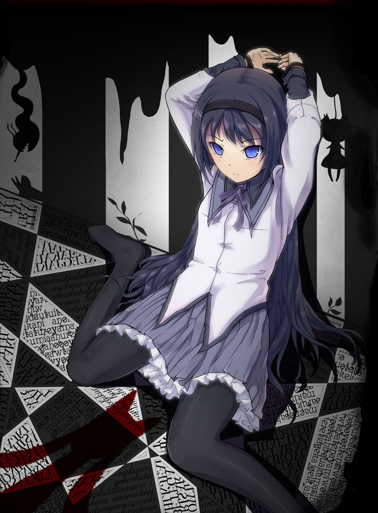 akemi_homura, black_hair, blue_eyes, bondage, bow, cuffs, femsub, hairband, handcuffs, kyubey, kyuubee, long_hair, mahou_shoujo_madoka_magica, miyashiro_nana-san_yonban, pantyhose, school_uniform, skirt, solo, spread_legs, you_gonna_get_raped