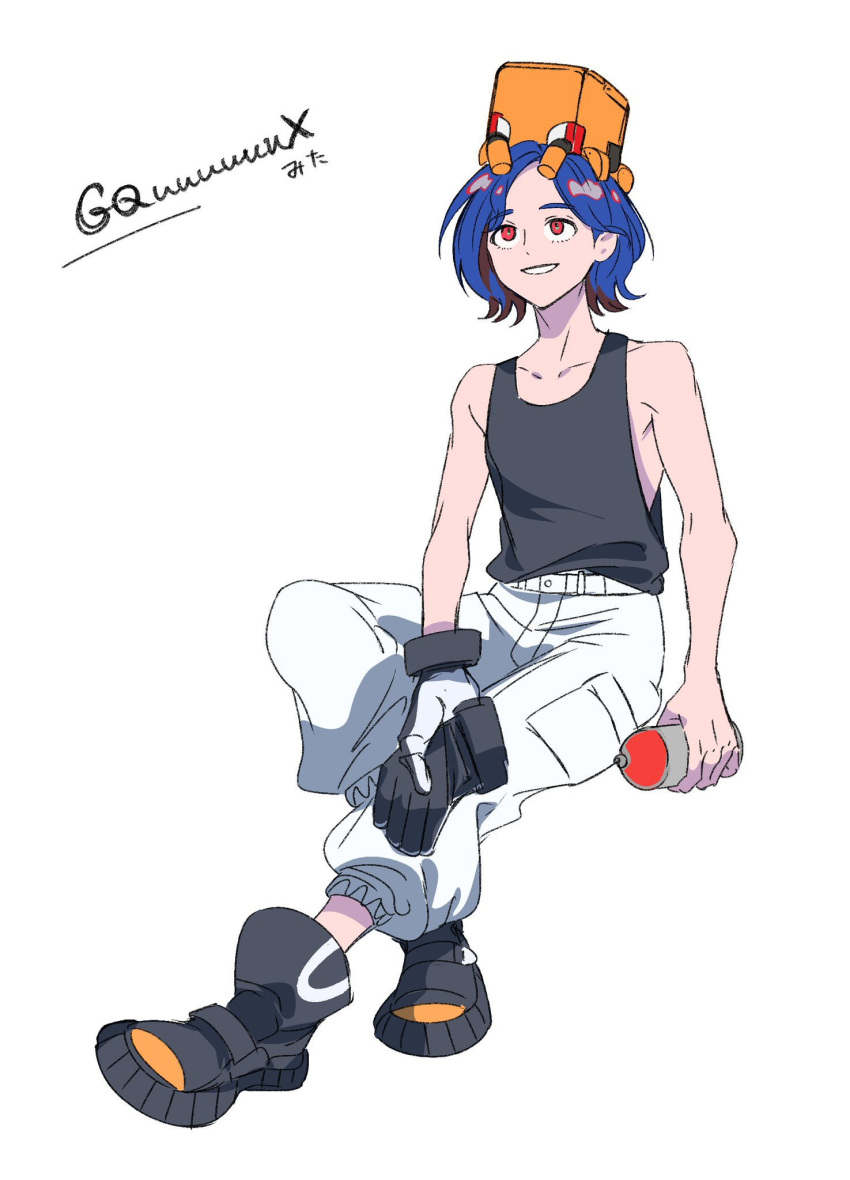 1boy, black_gloves, blue_hair, boots, bottle, commentary_request, copyright_name, dimjh