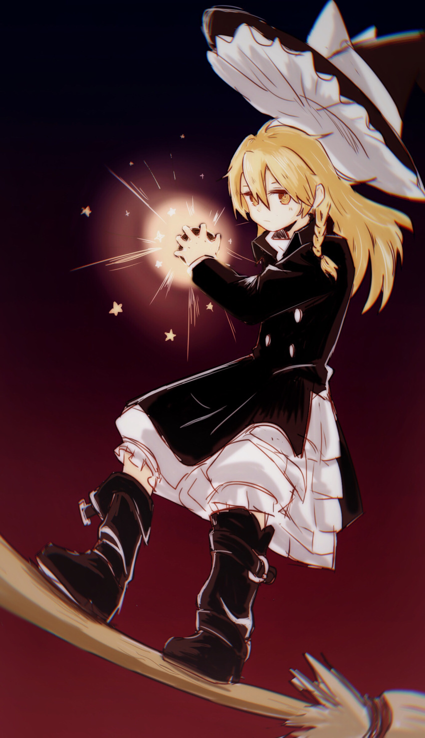1girl, apron, black_footwear, blonde_hair, boots, bow, braid, broom