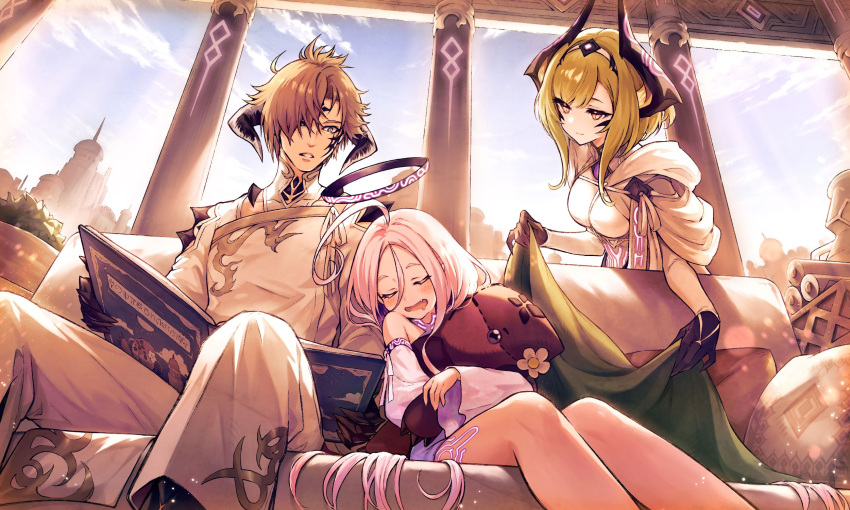 1boy, 2girls, ahoge, blanket, closed_eyes, closed_mouth, clouds, commentary_request