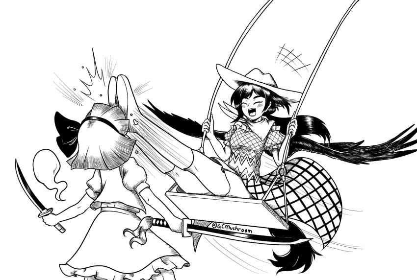 2girls, :d, accident, bandana, blush, bob_cut, boots, closed_eyes, cowboy_hat, dress, frilled_skirt, frills, giantcavemushroom, hair_ribbon, hairband, happy, hat, highres, holding, holding_sword, holding_weapon, horse_tail, katana, konpaku_youmu, konpaku_youmu_(ghost), kurokoma_saki, long_hair, monochrome, multiple_girls, off-shoulder_dress, off_shoulder, overskirt, pegasus_wings, plaid_clothes, plaid_dress, plaid_overskirt, puffy_short_sleeves, puffy_sleeves, ribbon, shirt, shoe_soles, short_hair, short_sleeves, sitting, skirt, smile, swing, sword, tail, teeth, touhou, upper_body, upper_teeth_only, vest, wakizashi, weapon