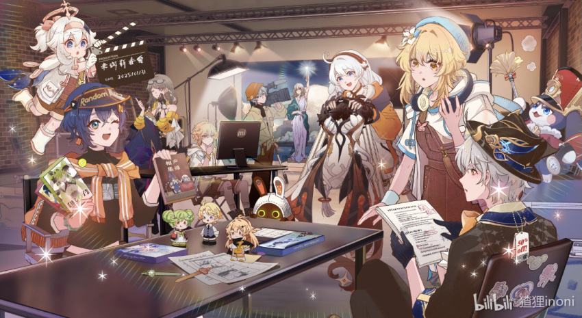 3boys, 6+girls, aether_(genshin_impact), aqua_eyes, arm_up, belle_(zenless_zone_zero), black_gloves, black_shirt
