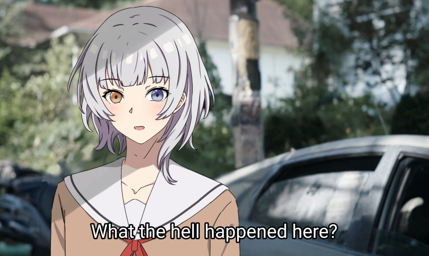 1girl, a_whydc, bang_dream!, bang_dream!_it's_mygo!!!!!, blue_eyes, blush, brown_shirt, commentary, hanasakigawa_school_uniform, hashtag-only_commentary, heterochromia, highres, kaname_raana, neck_ribbon, open_mouth, photo_background, red_ribbon, ribbon, sailor_collar, school_uniform, serafuku, shirt, short_hair, solo, white_hair, white_sailor_collar, yellow_eyes