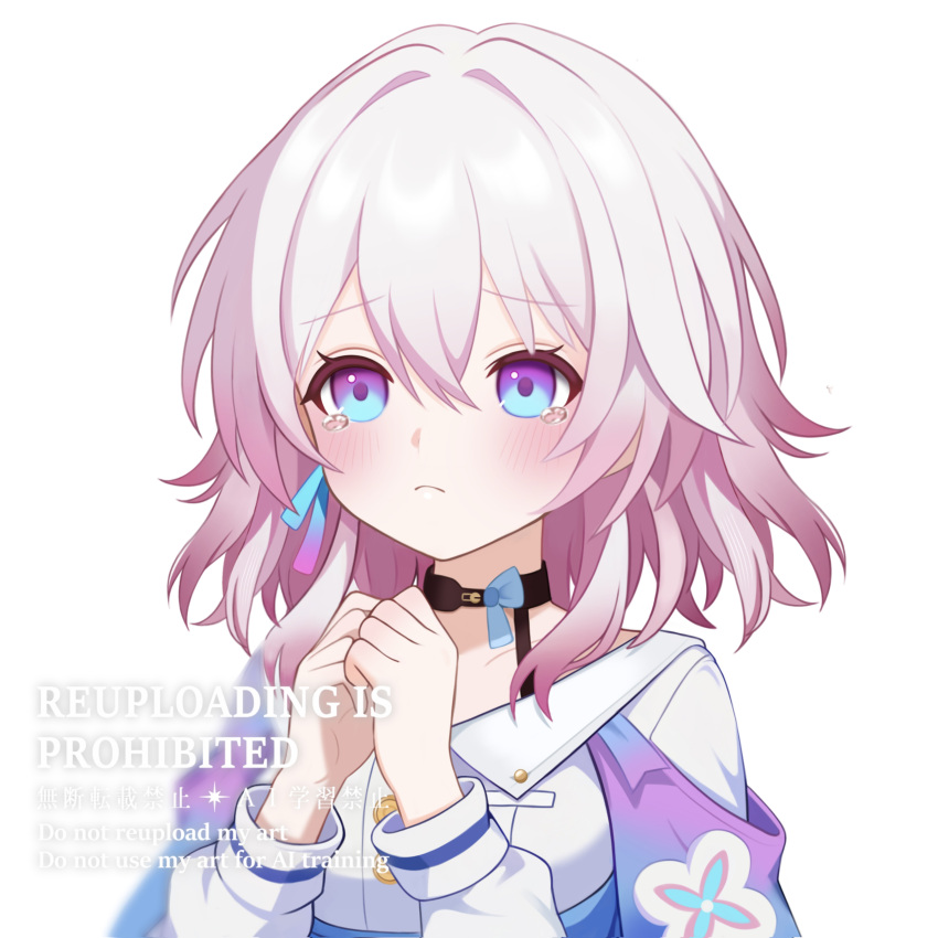 1girl, absurdres, black_choker, blue_eyes, blue_jacket, blush, bra_strap, buttons