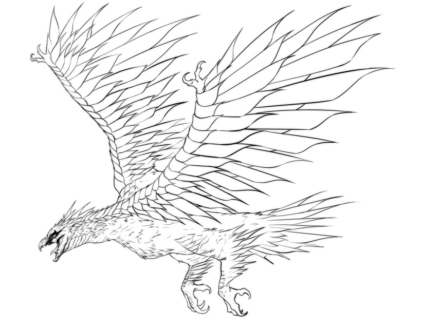 absurdres, beak, bird, bird_wings, commentary_request, feathered_wings, flying, greyscale