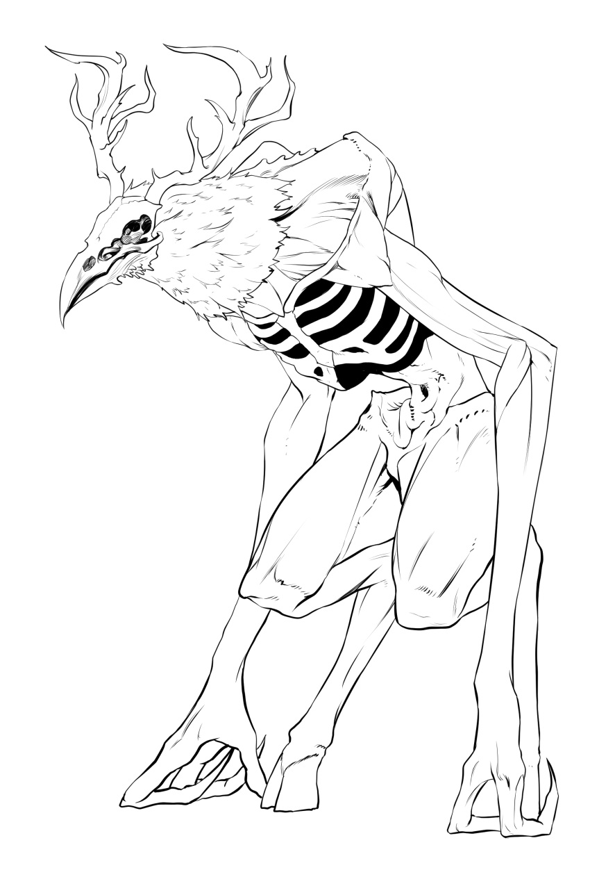 absurdres, antlers, beak, commentary_request, greyscale, highres, hooves, horns