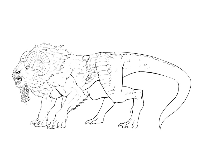 absurdres, chimera, claws, commentary_request, greyscale, highres, horns, i_became_an_evolving_space_monster