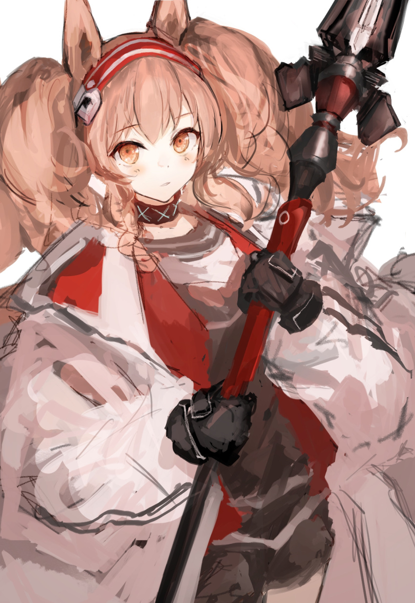 1girl, angelina_(arknights), animal_ears, arknights, black_collar, black_gloves, brown_hair, coat, collar, commentary, dot_nose, flood_infection_form, fox_ears, gloves, hairband, headgear, highres, holding, holding_staff, infection_monitor_(arknights), jacket, layered_shirt, long_hair, long_sleeves, looking_at_viewer, open_clothes, open_coat, open_jacket, orange_eyes, red_hairband, red_jacket, sidelocks, simple_background, solo, staff, striped_clothes, striped_hairband, twintails, two-tone_hairband, upper_body, white_background, white_coat, zaresutii