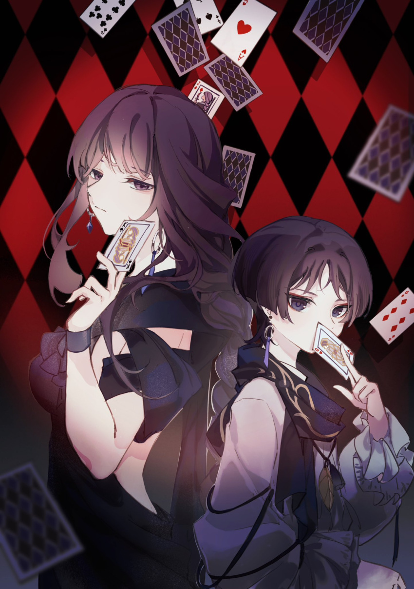 1boy, 1girl, ace_(playing_card), ace_of_hearts, alternate_costume, arm_at_side, back-to-back, backless_dress