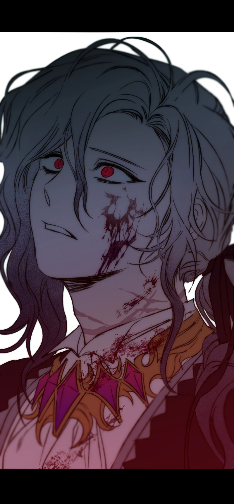 1boy, black_ribbon, blood, blood_on_clothes, blood_on_face, blood_splatter, cross-shaped_pupils, cross_scar