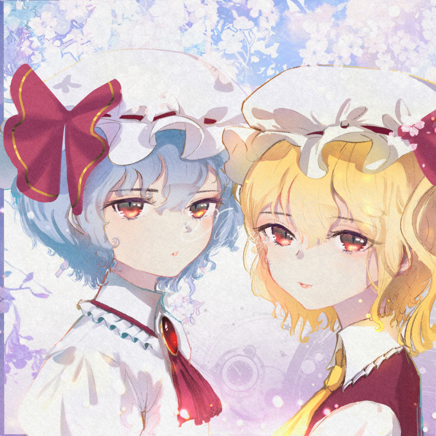 2girls, ascot, blonde_hair, blue_hair, bow, flandre_scarlet, hair_between_eyes, hat