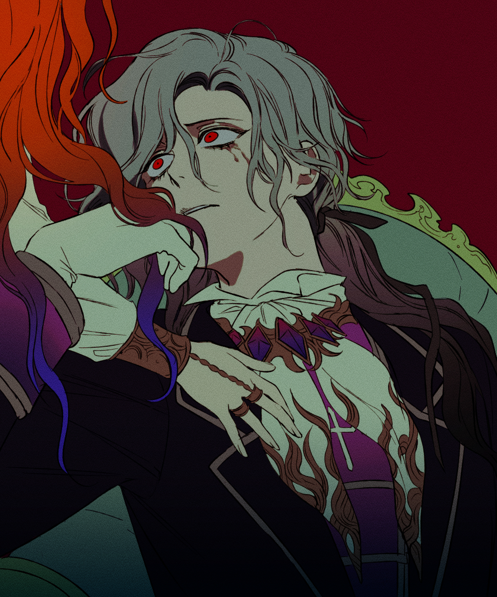 1boy, 1girl, black_coat, black_ribbon, blood, blood_from_eyes, chair, coat