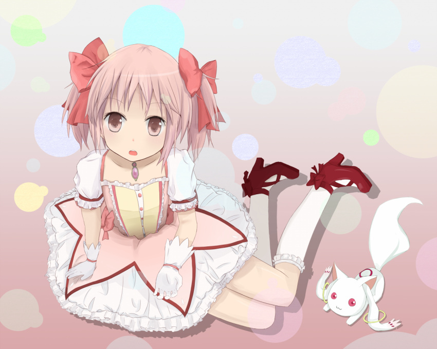 bow, coop_(coupon123), dress, gloves, hair_bow, kaname_madoka, kyubey, kyuubee