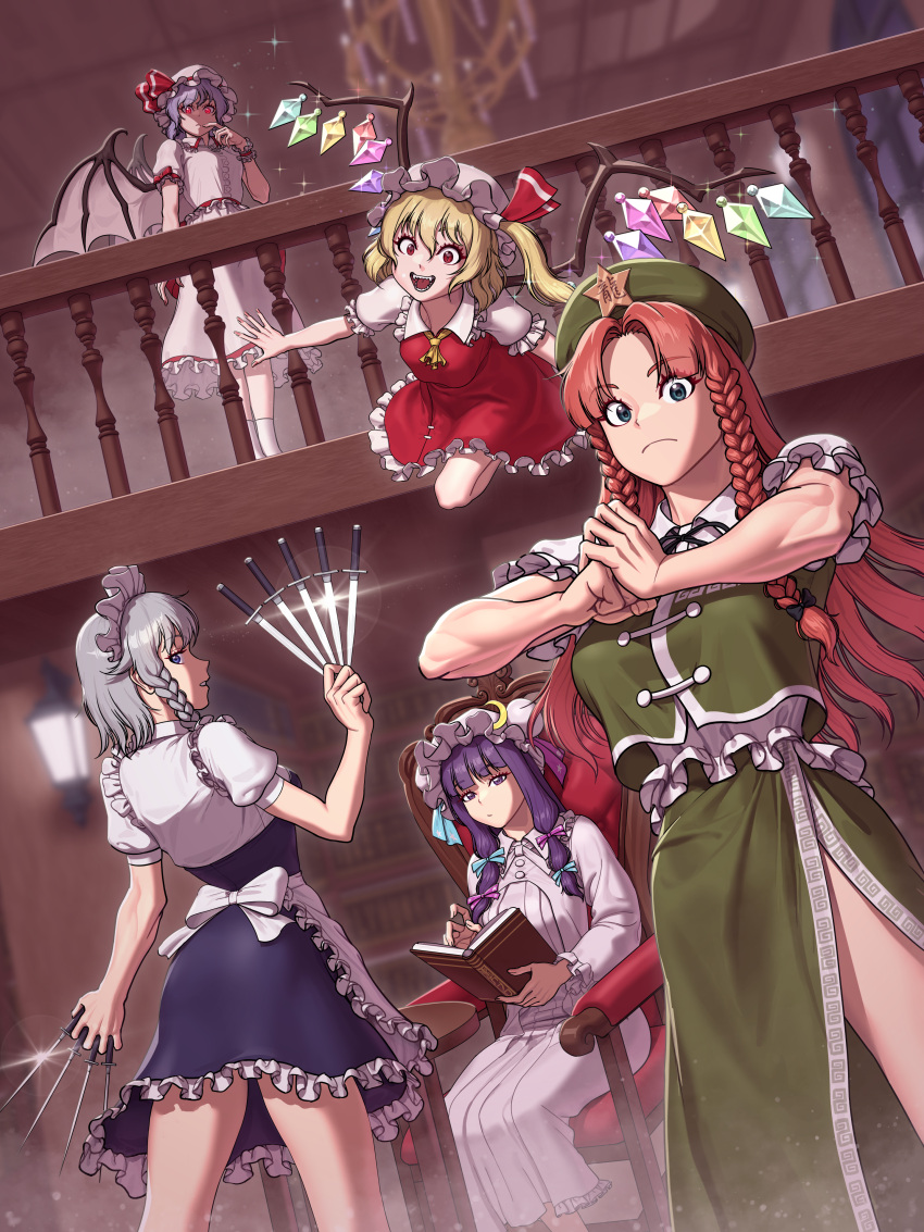 5girls, absurdres, apron, bat_wings, beret, blonde_hair, blue_eyes, book