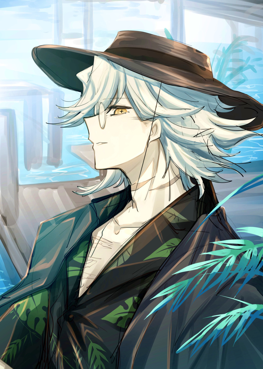 1boy, absurdres, black_hat, black_jacket, black_shirt, cross-shaped_pupils, dock, edmond_dantes_(fate)