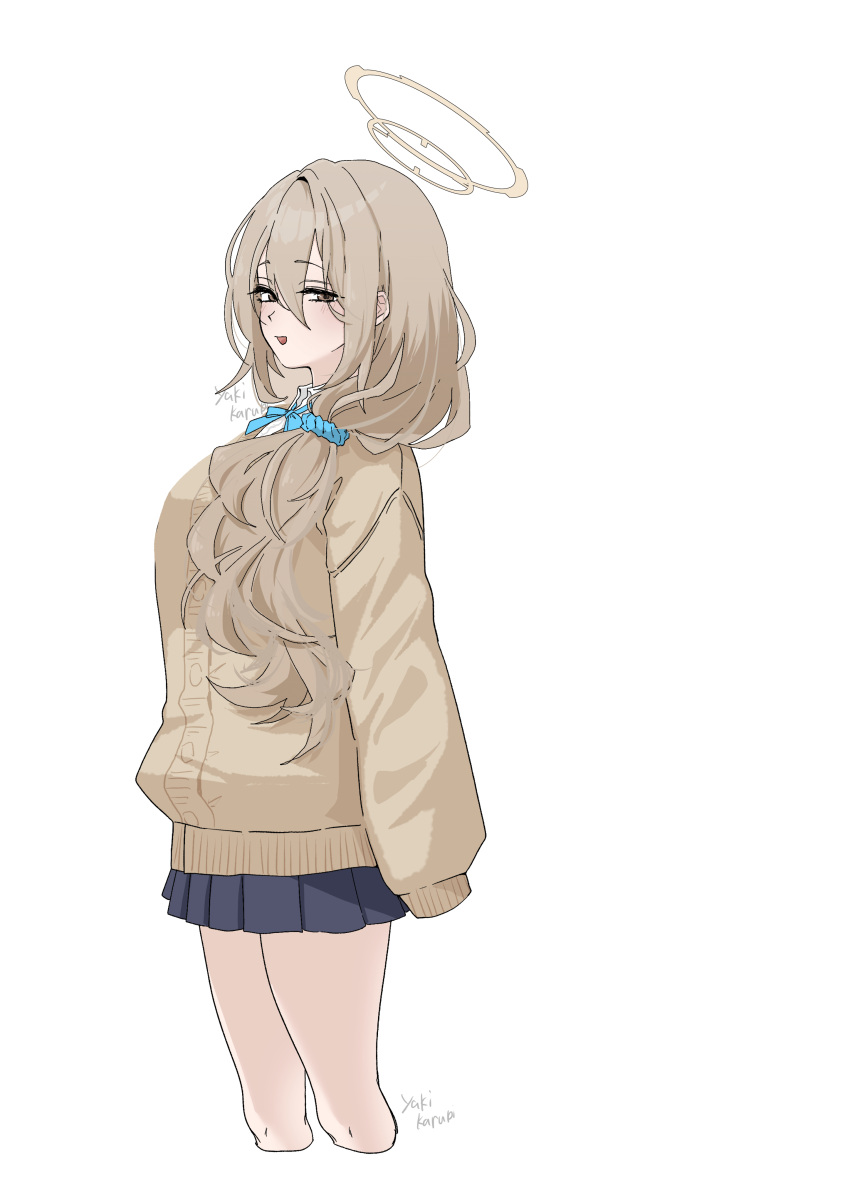1girl, absurdres, akane_(blue_archive), akane_(school_uniform)_(blue_archive), black_skirt, blue_archive, blue_scrunchie, brown_cardigan