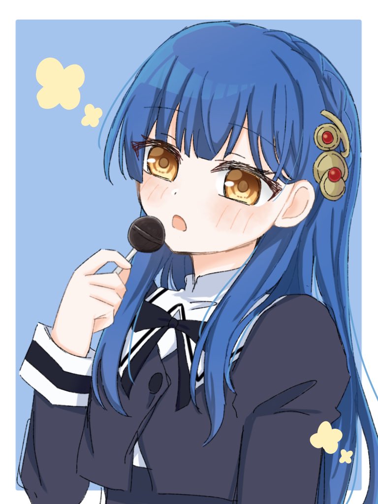 1girl, arm_at_side, assault_lily, black_ribbon, blue_background, blue_hair, blush, border