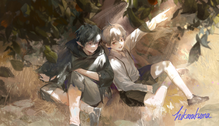 2boys, absurdres, aged_down, arknights, black_hair, black_shorts, black_sweater, blue_eyes