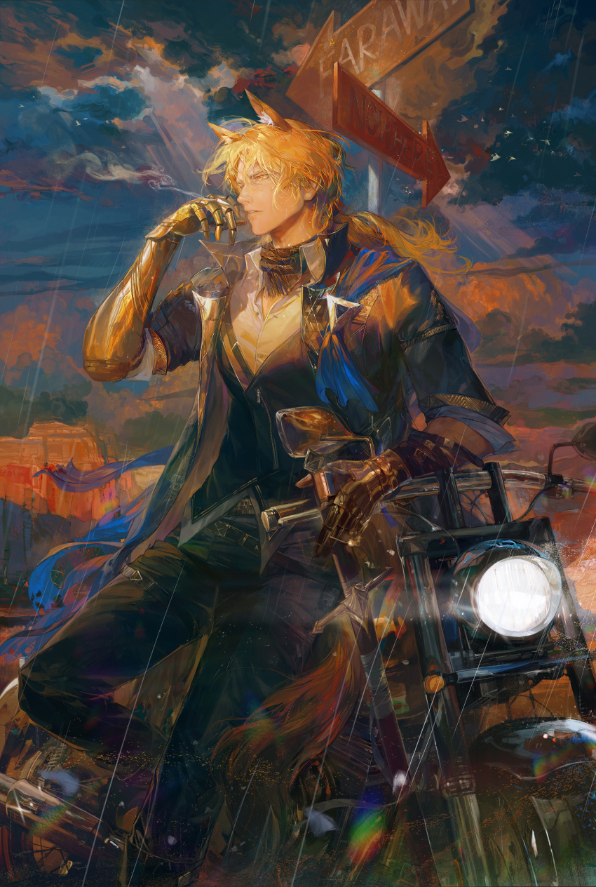 1boy, absurdres, animal_ear_fluff, animal_ears, arknights, black_jacket, black_scarf, black_vest, blonde_hair, blue_cape, cape, cigarette, clouds, cloudy_sky, collared_shirt, daylightallure, dusk, feet_out_of_frame, gauntlets, highres, holding, holding_cigarette, holding_sword, holding_weapon, horse_boy, horse_ears, jacket, leaning_against_motorcycle, long_hair, male_focus, mlynar_(arknights), mlynar_(w_dali)_(arknights), motor_vehicle, motorcycle, official_alternate_costume, open_clothes, open_jacket, outdoors, parted_lips, rain, scarf, shirt, signpost, sky, smoking, solo, sword, vest, weapon, white_shirt, yellow_eyes