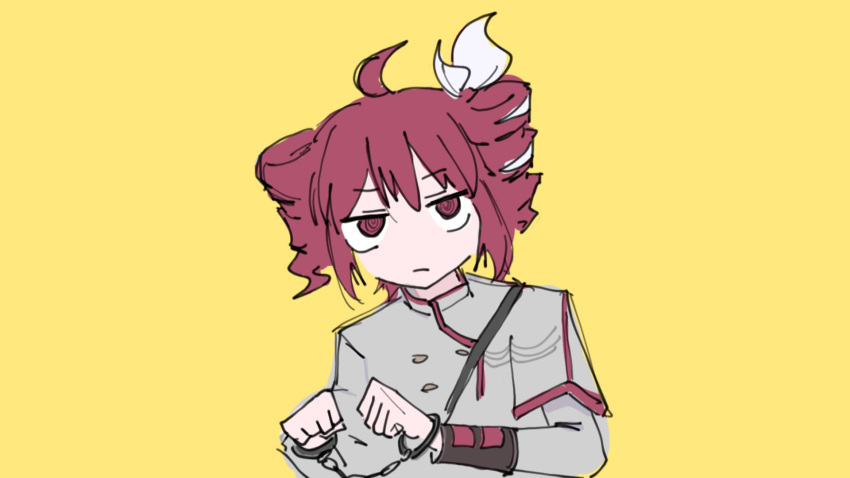 ahoge, closed_mouth, collared_shirt, cuffs, drill_hair, frown, grey_shirt, hair_between_eyes
