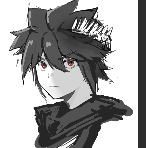 1boy, black_scarf, chinese_commentary, dark_pit, hair_between_eyes, kid_icarus, kid_icarus_uprising, laurel_crown, male_focus, portrait, scarf, shiba_(manbai_cnm), sidelocks, solo, spiky_hair, spot_color, v-shaped_eyebrows, white_background
