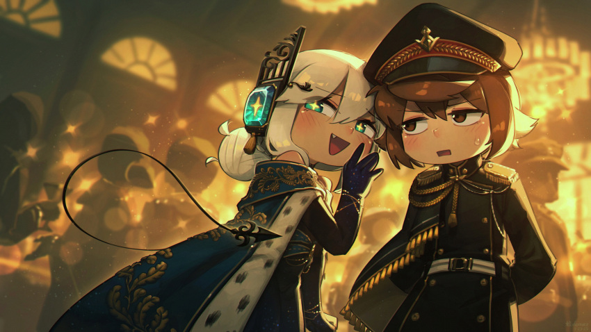 +_+, 2girls, :d, absurdres, aiguillette, alternate_costume, alternate_tail, belt, black_gloves, borrowed_character, brown_eyes, brown_hair, buttons, cape, chandelier, commentary, digitan_(porforever), double-breasted, english_commentary, epaulettes, eyes_visible_through_hair, gloves, green_eyes, hair_between_eyes, hair_bun, hair_up, hat, highres, indoors, kuruna_(pixel_princess_blitz), long_hair, long_sleeves, looking_at_viewer, military, multiple_girls, open_mouth, original, peaked_cap, porforever, rectangular_mouth, robot_ears, short_hair, smile, tail, white_hair