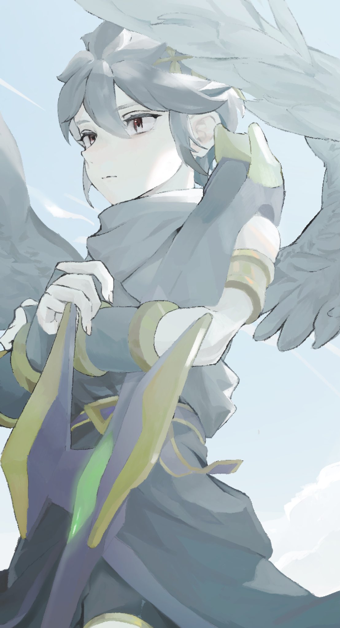 1boy, angel, armlet, belt, blue_background, bracer, commentary_request, dark_pit