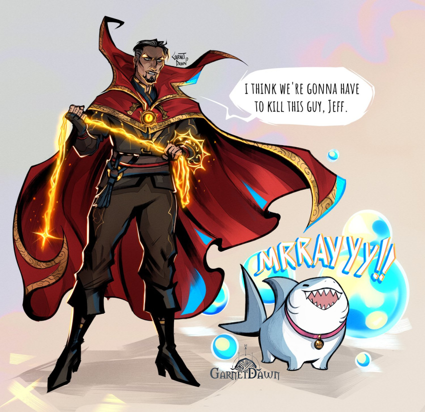 belt, black_hair, cape, cloak, doctor_strange, doctor_strange_(series), facial_hair, grey_hair, highres, jeff_the_land_shark, long_sleeves, male_focus, marvel, marvel_rivals, multicolored_hair, red_cloak, shark, shirt, short_hair, simple_background, smile, teeth, thegarnetdawn, two-tone_hair, whip