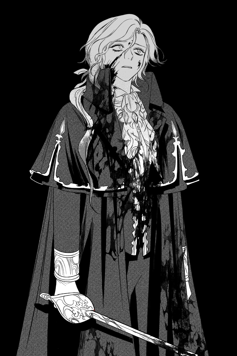 1boy, arms_at_sides, blood, blood_on_clothes, blood_on_face, blood_on_weapon, blood_splatter, cloak