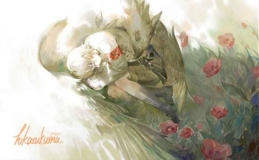 1boy, absurdres, arknights, armband, bird, closed_eyes, daylightallure, field, flower, flower_field, grey_shirt, highres, knees_to_chest, long_sleeves, lying, male_focus, mephisto_(arknights), mephisto_the_singer_(arknights), multiple_boys, red_armband, red_flower, reunion_logo_(arknights), shirt, short_hair, shorts, solo, white_hair, wing_hug, wings