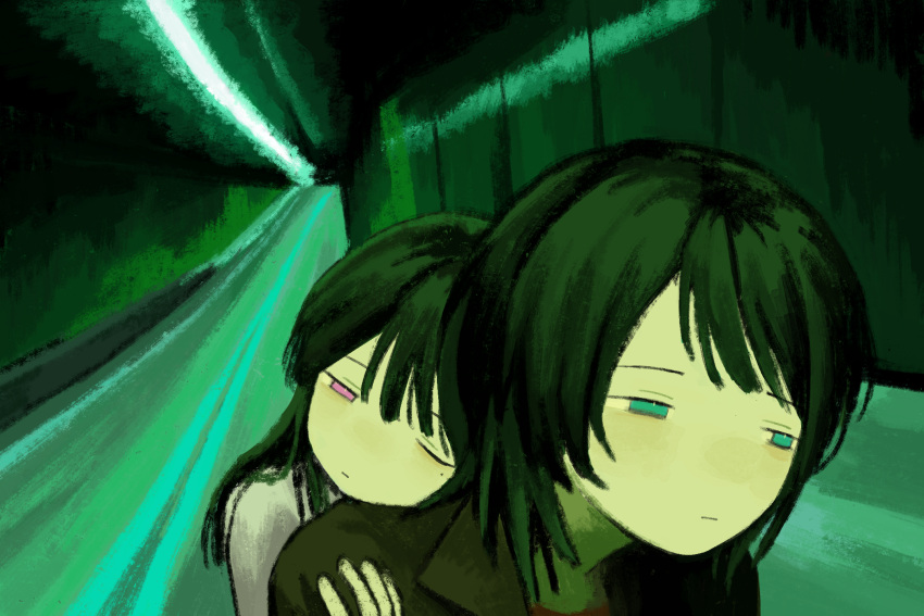 2girls, bang_dream!, bang_dream!_it's_mygo!!!!!, black_hair, black_jacket, blue_eyes, chuchu_(uglydog_zip), closed_mouth, commentary, fallen_angels_(movie), head_on_another's_shoulder, highres, hug, hug_from_behind, jacket, long_hair, mole, mole_under_eye, multiple_girls, one_eye_closed, pink_eyes, scene_reference, shiina_taki, shirt, tunnel, white_shirt, yahata_umiri, yuri