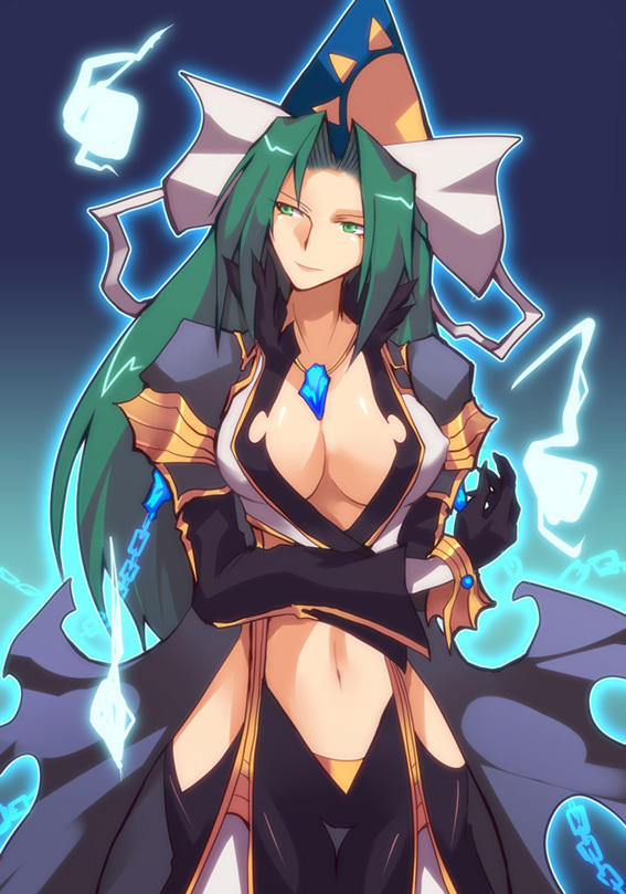 alternate_costume, breasts, chain, cleavage, cosplay, crossed_arms, green_eyes, green_hair