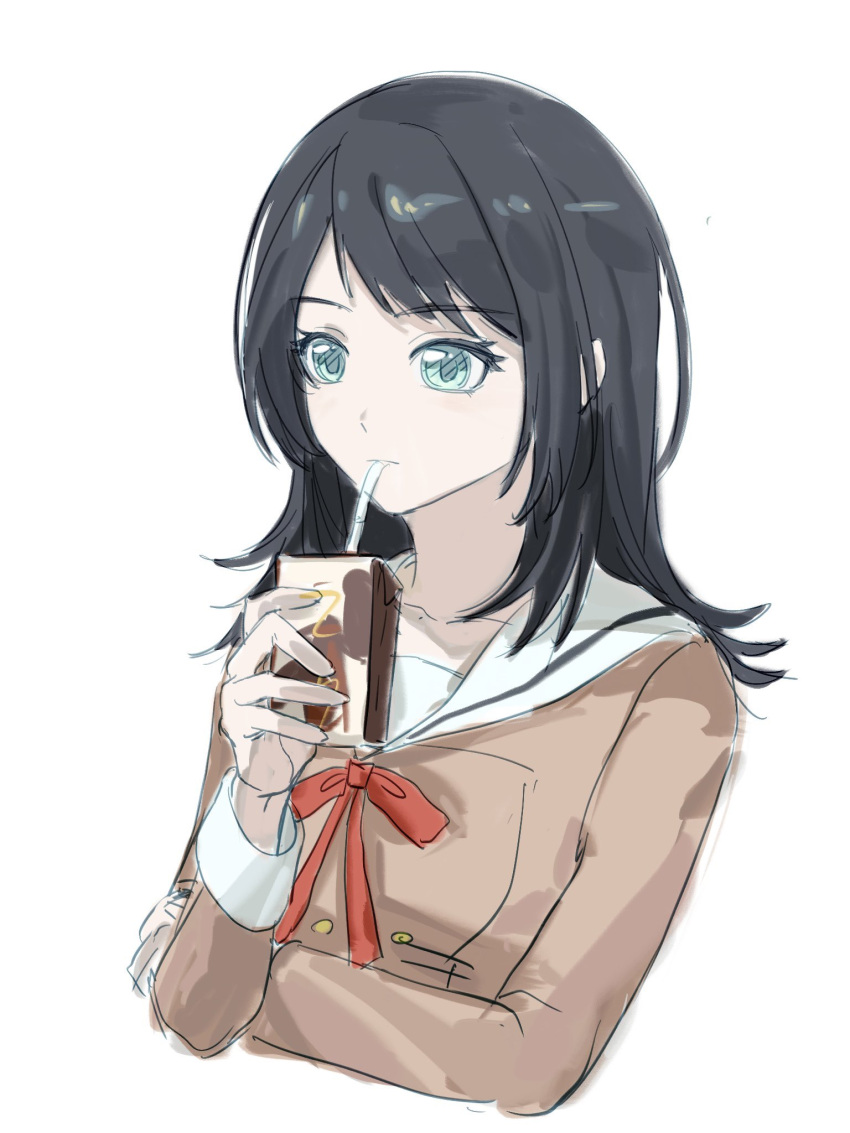 1girl, bang_dream!, bang_dream!_it's_mygo!!!!!, black_hair, blue_eyes, brown_dress, commentary, dress
