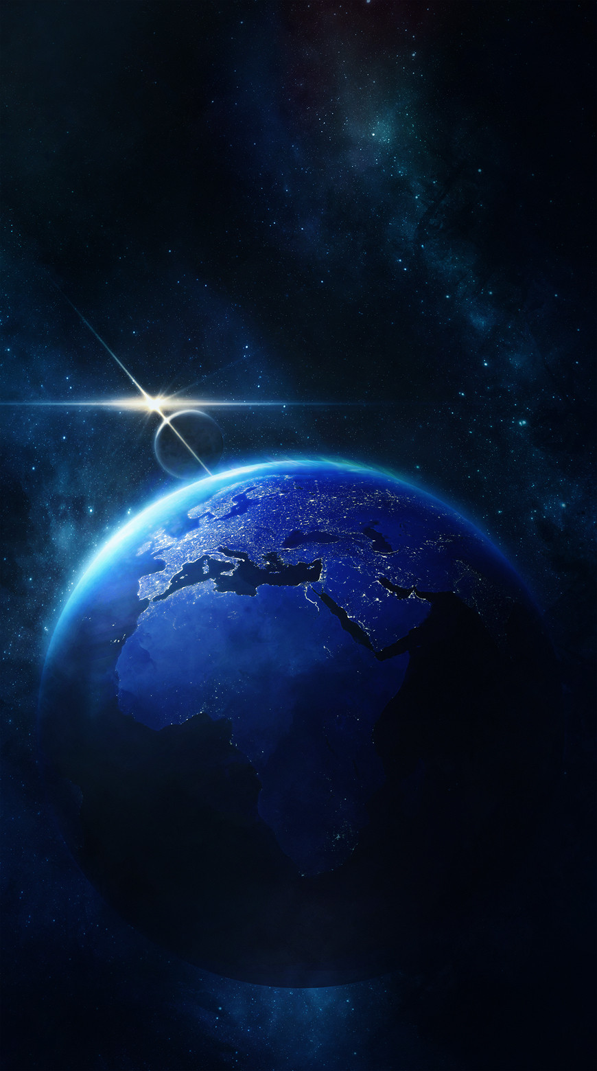 atmospheric_perspective, city_lights, concept_art, continents, earth_(planet), galaxy, glowing, highres