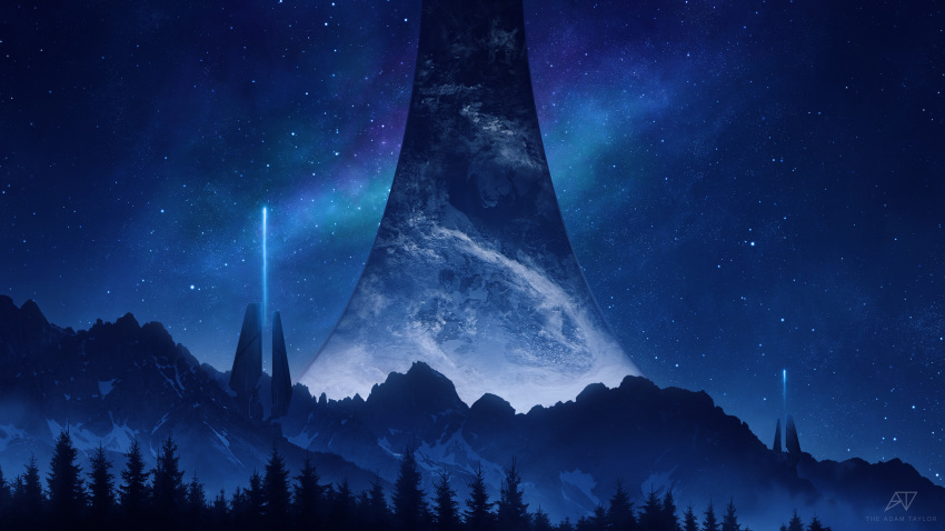 absurdres, artist_name, atmospheric_layer, atmospheric_perspective, beacon, building, clouds, concept_art, fog, halo_(series), halo_infinite, halo_installation, highres, mountain, night, night_sky, no_humans, outpost, pine_tree, science_fiction, sky, snow, space, star_(sky), theadamtaylor, tower, tree