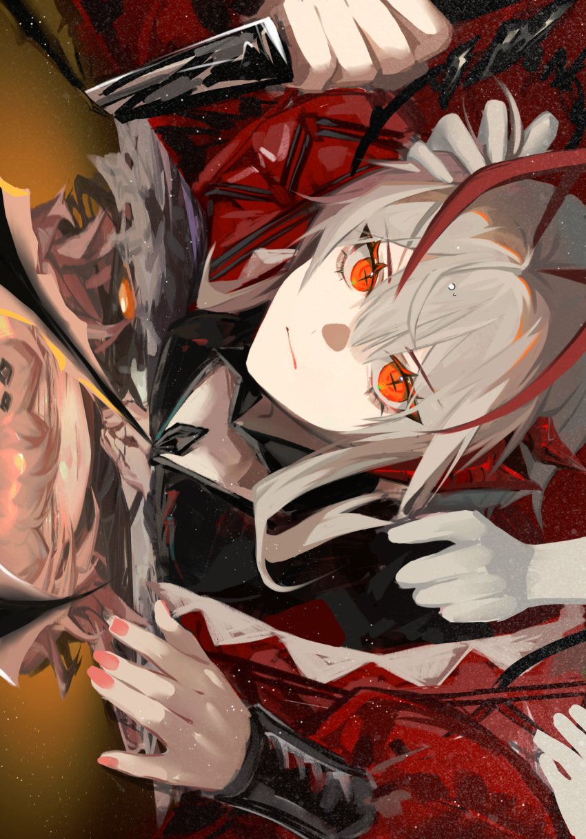 1girl, antenna_hair, arknights, black_jacket, black_shorts, closed_mouth, dagger, demon_horns