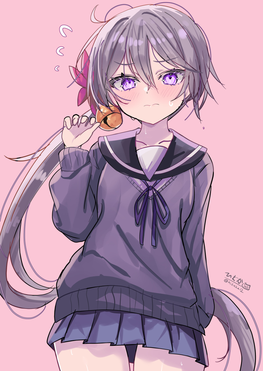1girl, absurdres, ahoge, akebono_(kancolle), akebono_(valentine)_(kancolle), bell, bikini, blue_sailor_collar, blue_skirt, blue_sweater, embarrassed, flower, flying_sweatdrops, grey_hair, hair_bell, hair_between_eyes, hair_flower, hair_ornament, highres, hizaka, jingle_bell, kantai_collection, long_hair, pink_background, pleated_skirt, sailor_collar, school_uniform, serafuku, side-tie_bikini_bottom, side_ponytail, simple_background, skirt, solo, sweater, swimsuit, very_long_hair, violet_eyes