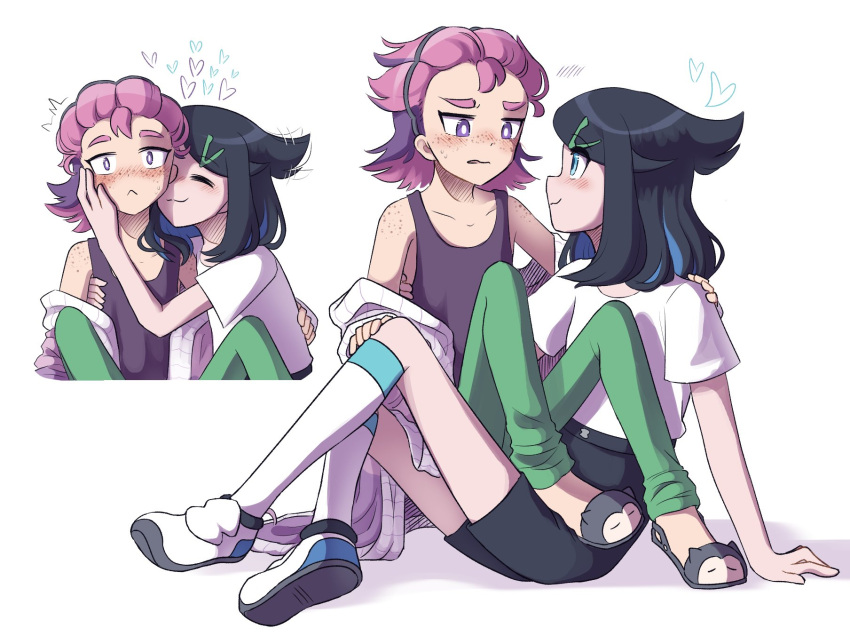 2girls, :3, black_hair, blue_eyes, blush, dot_(pokemon), eye_contact, freckles, hair_ornament, hair_pulled_back, hairclip, hand_on_another's_face, heart, highres, liko_(pokemon), looking_at_another, medium_hair, multiple_girls, pokemon, pokemon_(anime), pokemon_horizons, purple_hair, shirt, shoes, shorts, simple_background, sitting, sleeveless, sleeveless_shirt, slippers, smile, snorlax, terashards, violet_eyes, white_background, yuri