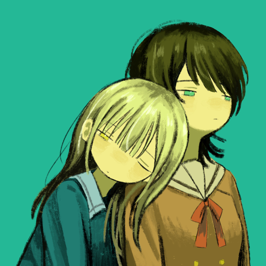 2girls, bang_dream!, bang_dream!_it's_mygo!!!!!, black_hair, blue_background, blue_eyes, blue_shirt, brown_dress, chuchu_(uglydog_zip), closed_mouth, commentary, dress, green_hair, hanasakigawa_school_uniform, head_on_another's_shoulder, highres, long_hair, multiple_girls, neck_ribbon, one_eye_closed, red_ribbon, ribbon, school_uniform, shirt, simple_background, tsukinomori_school_uniform, wakaba_mutsumi, yahata_umiri, yellow_eyes
