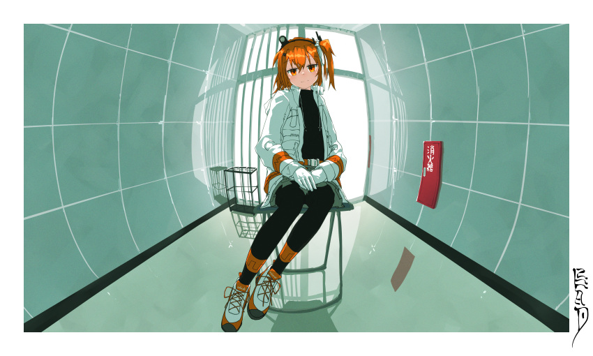1girl, absurdres, adachi_rei, black_pantyhose, black_shirt, border, chair, closed_mouth