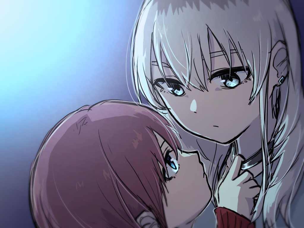 2girls, ayataka_syumimi, black_choker, blue_eyes, brown_hair, choker, choker_pull, closed_mouth