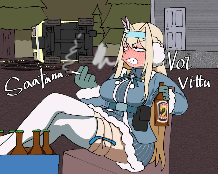 1girl, alcohol, angry, beer_bottle, blonde_hair, blue_coat, blue_eyes, blue_gloves