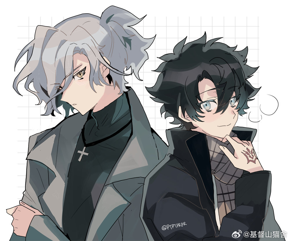 2boys, adjusting_scarf, alternate_costume, artist_name, black_coat, black_hair, black_shirt, blue_eyes