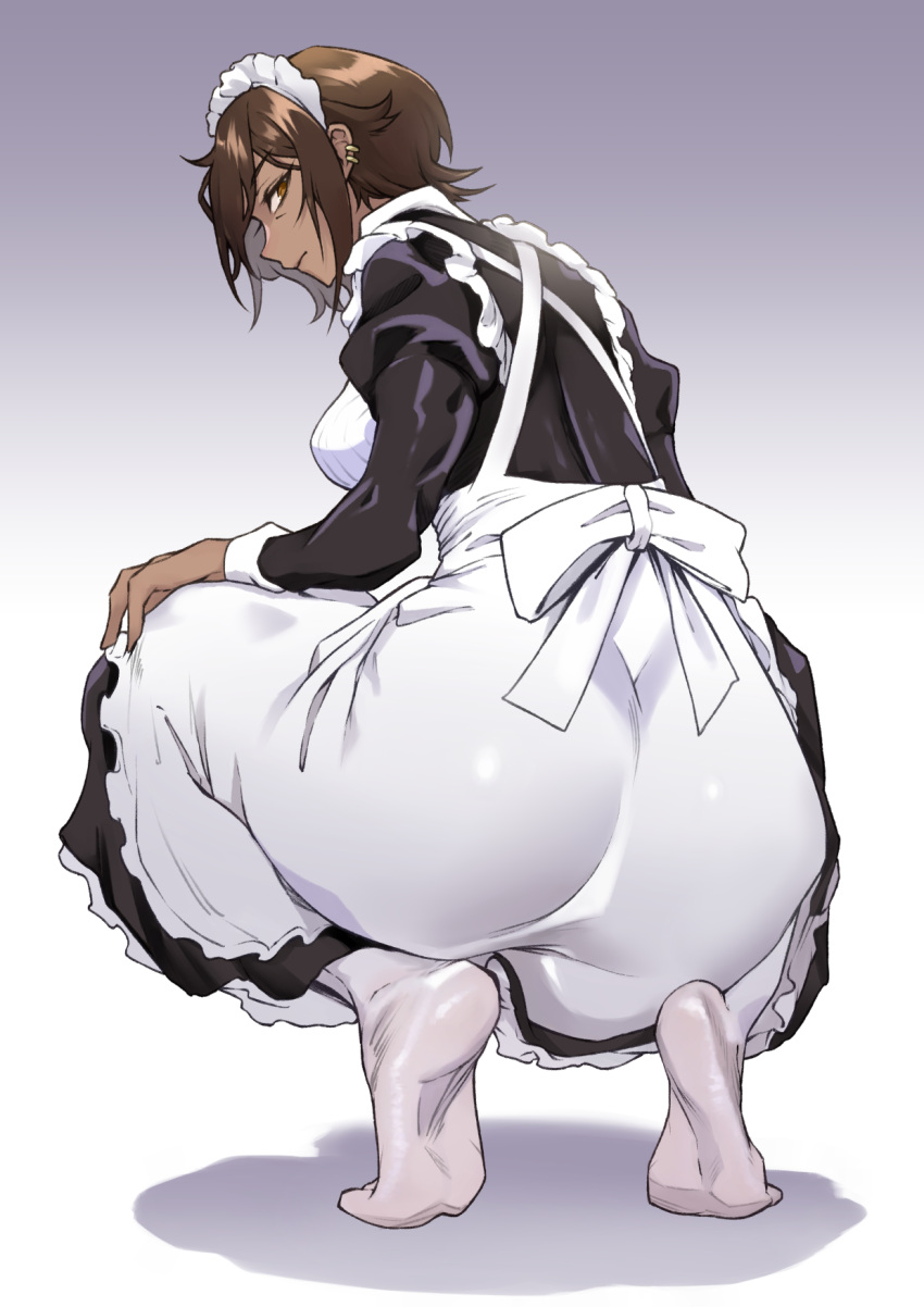 1girl, apron, ass, bags_under_eyes, black_dress, breasts, brown_eyes, brown_hair, closed_mouth, dark-skinned_female, dark_skin, dress, highres, large_breasts, limbus_company, looking_at_viewer, looking_back, maid, outis_(project_moon), panties, project_moon, short_hair, simple_background, solo, squatting, tresmarrow, underwear, waist_apron, white_apron, white_background, white_panties