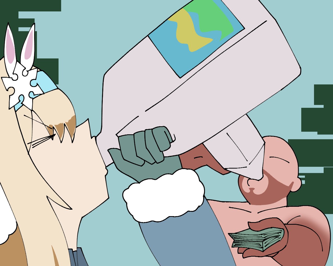 1boy, 1girl, alcohol, bald, blonde_hair, blue_coat, blue_gloves, closed_eyes