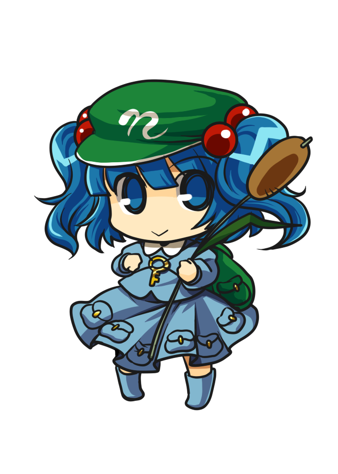 :>, cat's_tail, cat's_tail, cattail, chibi, kawashiro_nitori, key, plant, simple_background, socha, solo, touhou, transparent_background